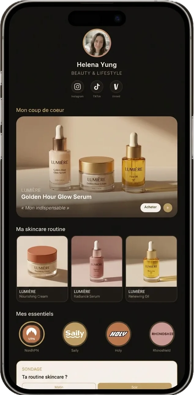 Aperçu d'une page Spotilink sur téléphone : profil d'une créatrice beauté, fiche coup de coeur, sélection skincare et essentiels